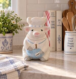 Vintage 1998 Ceramic Pig Chef Cookie Jar Country Farmhouse Kitchen Décor